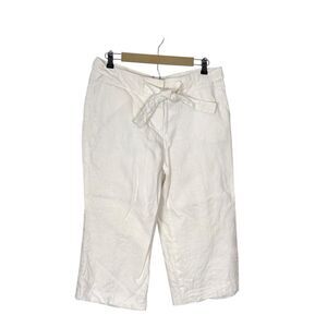 Talbots Pants Womens 14 Petite White Irish Linen Wide Leg Tie Cropped Culottes
